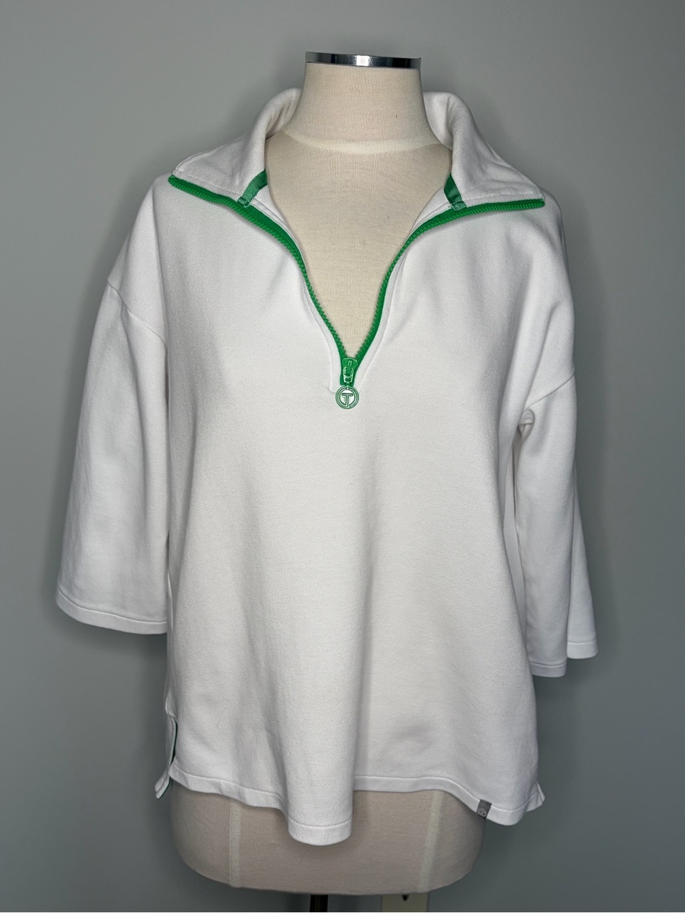 Talbots White Quarter-Zip Sweatshirt with Green Zip Trim, size Small Petite